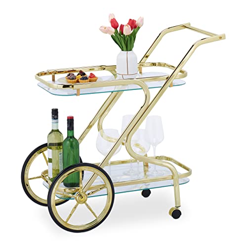 Moderner Servierwagen mit 4 Rollen, 2 Ablagen, Glas- & Eisenkonstruktion, idealer Wagen für Getränke und Snacks, 80 x 43 x 85 cm, Weiß
