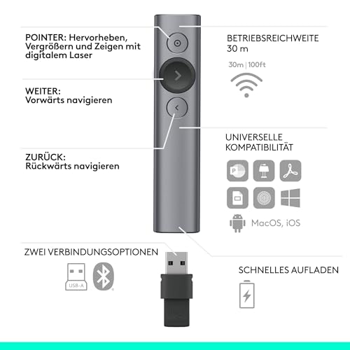 Logitech Spotlight Presenter, Bluetooth und 2.4 GHz Verbindung via USB-Empfänger, Digitaler Laserpointer, 30m Reichweite, Timer, Vibrationsalarm, PC/Mac/Android/iOS - Slate/Grau