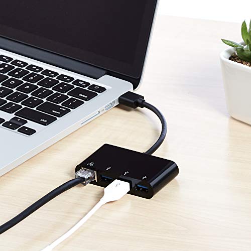 Amazon Basics – USB-3.0-Adapter mit 3 x Ports und 1 x RJ45-Gigabit-Ethernet-Port, 3 USB A + 1 RJ45, Schwarz