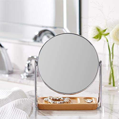 Amazon Basics Rund, Tischplatte Montage Kosmetikspiegel mit rechteckiger Bambus-Ablage, Vergrößerung 1-fach/5-fach, Klar, 7.2" x 3.35" x 8.39"