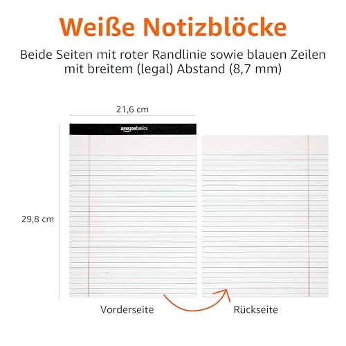 Amazon Basics Notizblöcke, liniert, 21.6 x 29.8 cm (Packung mit 12 Stück),50 Blatt pro Block, Letter, Weiß