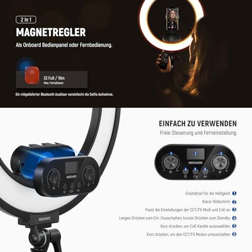 NEEWER 18" Ringlicht Set mit Randbeleuchtung, 45W 3300Lux 2900K-7000K 12 Szenen Ringleuchte mit APP 2,4G PC Mac Steuerung, Fernbedienung, Stativtasche für Make up, TikTok, Ins, Live Stream, RL45B