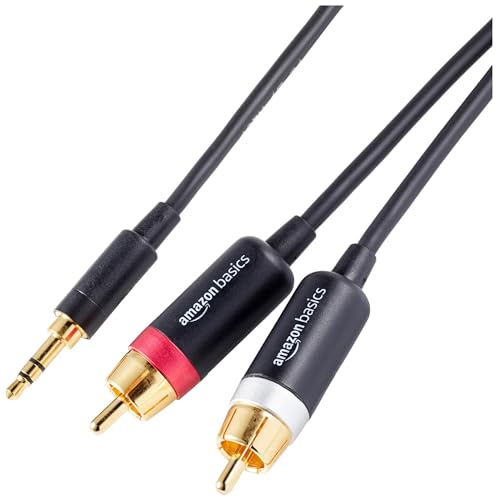 Amazon Basics 3,5 Aux auf 2 x RCA Adapter, Audiokabel für Verstärker, aktive Lautsprecher mit vergoldeten Steckern, 2.4 m, Schwarz