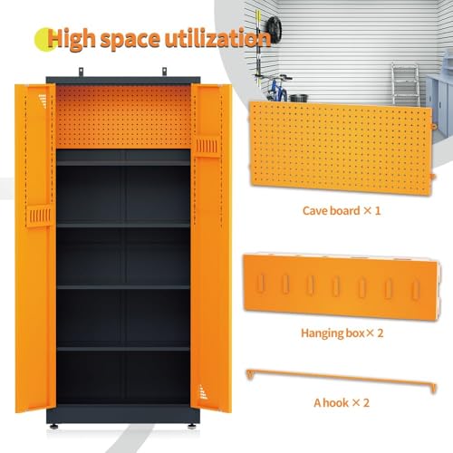 VCGGAIP Werkzeugschrank mit 2 Türen und 4 verstellbaren Regalen Aufbewahrungsschränke Garagenschränke abschließbar Metallschrank für Büro, Zuhause, Garage (Dunkelgrau und Orange)