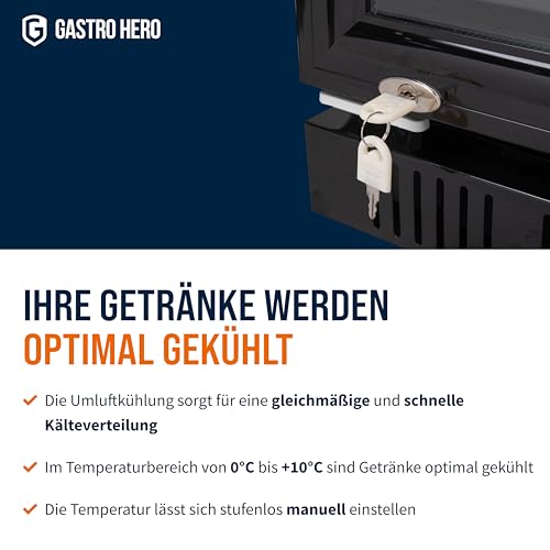 GastroHero Getränkekühlschrank GK-360BB für die Gastronomie, 4 verstellbare Einlegeböden, 360 Liter Kühlraumvolumen, Kühlschrank mit Glastür, Innenbeleuchtung, Abschließbar, Gastronomiebedarf, Schwarz