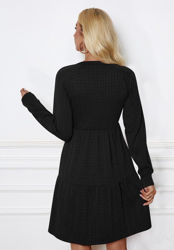 Ritiriko Damen Strickkleid Langarm V-Ausschnitt Pulloverkleid Elegant Knielang Herbstkleid Casual Gestrickt Kleid Herbst Winter A Linien mit Taschen Schwarz S