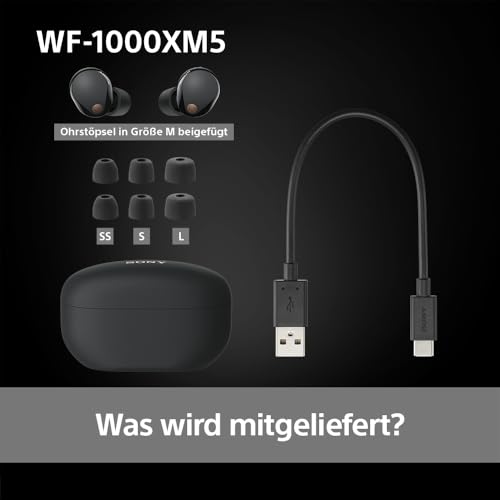 Sony WF-1000XM5 Kabellose Noise Cancelling Kopfhörer, Bluetooth, In-Ear-Kopfhörer, Mikrofon, bis zu 24 Stunden Akkulaufzeit, Schnellladefunktion, IPX4, iOS & Android kompatibel - Schwarz, klein