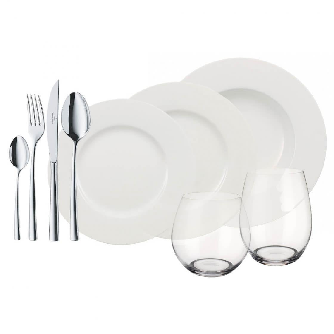 Villeroy und Boch - Wonderful World White 4 Friends Tafel Set, 36 tlg. Service für Feste, Premium Porzellan, weiß, 18/10 Edelstahl, Kristallglas