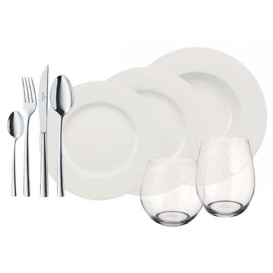 Villeroy und Boch - Wonderful World White 4 Friends Tafel Set, 36 tlg. Service für Feste, Premium Porzellan, weiß, 18/10 Edelstahl, Kristallglas