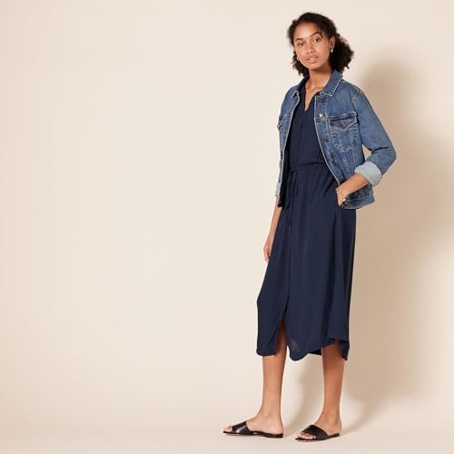 Amazon Essentials Damen Tailliertes A-Linien-Midikleid mit halblangen Ärmeln in lockerer Passform, Marineblau, L
