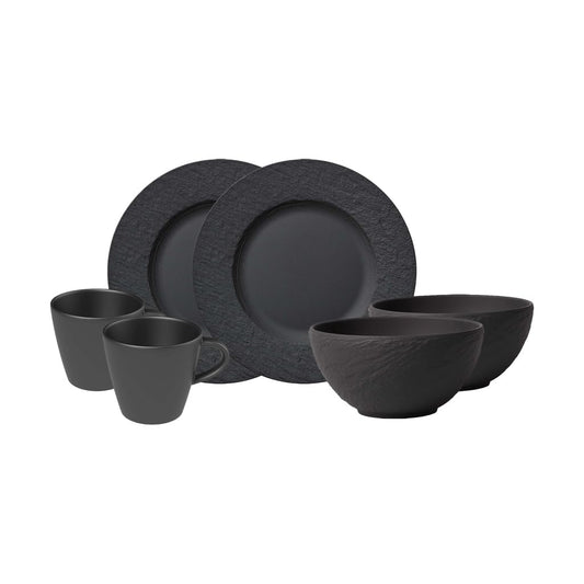 Villeroy & Boch – Manufacture Frühstücks-Set 6 teilig Schwarz, Spülmaschinenfest, Mikrowellensicher, Geschirrset, Geschirr Set mit Frühstückstellern, Tassen und Schüsseln, Premium Porzellan