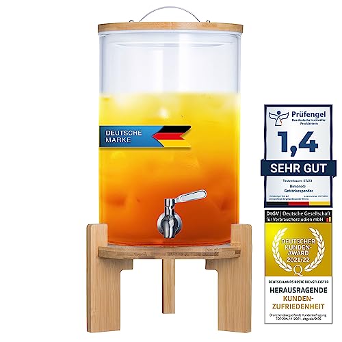 Getränkespender mit tropfsicheren Zapfhahn aus Edelstahl Wasserspender aus Glas mit Bambus Ständer und Deckel Limonadenspender aus hitzebeständigen Borasilikatglas (8 Liter)