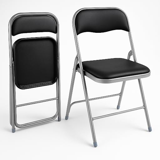 HAEST Klappstuhl 2er Set mit silbernem Metallrahmen und gepolstertem schwarzem Kunstlederbezug, ideal für Küche oder Garten.