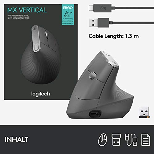 Logitech MX Vertical, Ergonomische Kabellose Maus, Bluetooth und 2.4 GHz Verbindung via Unifying USB-Empfänger, 4000 DPI Sensor, Wiederaufladbarer Akku, 4 Tasten, Multi-Device, PC/Mac/iPadOS - Graphit