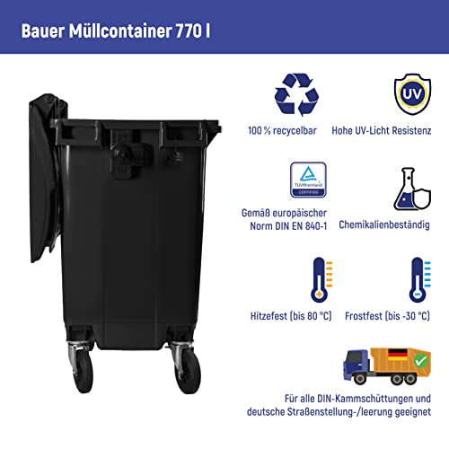 Bauer Müllcontainer mit 4 Rädern mit Flachdeckel, Müllgroßbehälter, Abfalltonne, Mülltonne, Volumen: 770 Liter, Farbe: Braun, Größe: 1 365 x 1 370 x 778 mm