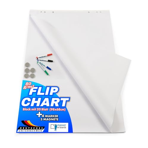 Master of Boards Flipchart Papier Zubehör-Set - Papier blanko Block mit 20 Blatt, 4 Marker Stifte, 5
