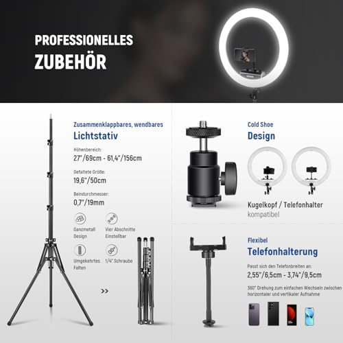 NEEWER Professionelles Ringlicht mit Ständer und Telefonhalter, 18" dünn, 45W 2900K-7000K TLCI98, Fernauslöser und App Steuerung, weichere Beleuchtung für Make up Live Stream TikTok, RP18B Pro Weiß