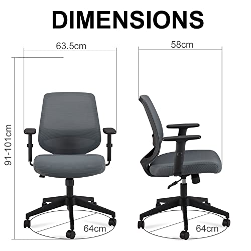 Amazon Basics verstellbarer Schreibtischstuhl mit halbhoher Rückenlehne aus Netzmaterial, Armlehnen und Lendenwirbelstütze, 63,5 x 58 x 91 cm, Grau (Früher Movian)