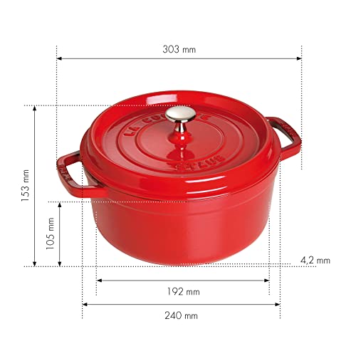 STAUB Gusseisen Bräter/Cocotte, Rund 24 cm, 3,7 L, Aromaregen Funktion für optimale Befeuchtung, Für alle Herdarten inkl. Induktion & Backofen, Kirschrot