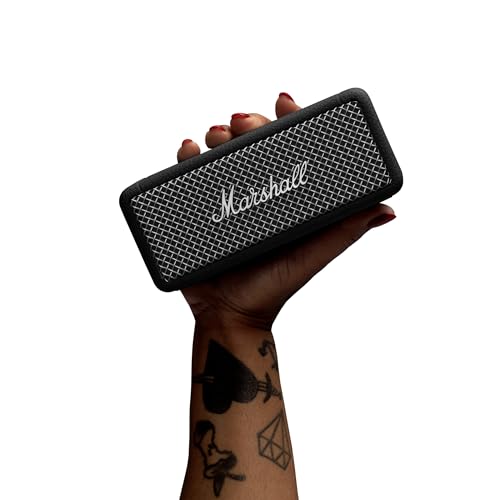 Marshall Emberton II tragbare Bluetooth Lautsprecher, kabellos, koppelbar, IP67 Staub und wasserfest, über 30 Stunden Spielzeit, Schnellladung, Innen- und Außenlautsprecher - Schwarz und Stahl