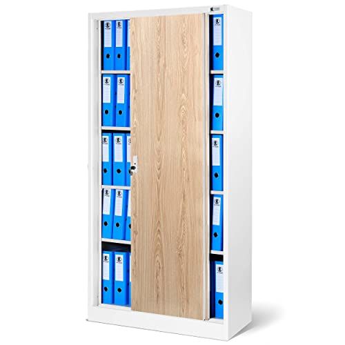 Jan Nowak Aktenschrank Büroschrank mit Schiebetüren Metall 4 Fachböden Pulverbeschichtung Abschließbar 185 cm x 90 cm x 40 cm (Weiß/Holzoptik)
