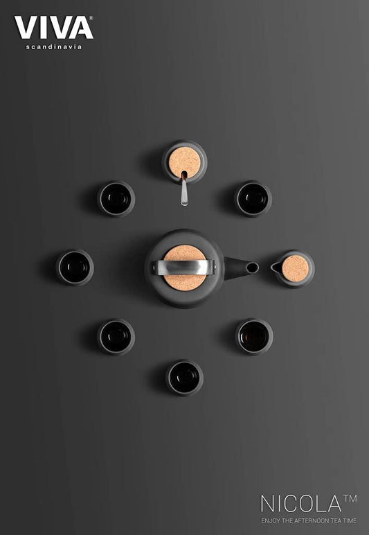 Viva Nicola Holzkohle-Zucker- und Sahnekännchen, Kaffee- und Tee-Servierset aus Porzellan – Sahnekännchen und Zuckerdose mit Korkdeckel und Metalllöffel, 7oz/200 ml Milch und Zucker für die Kaffeebar