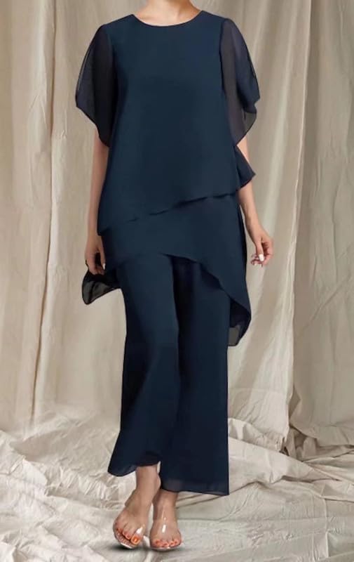 JAEDEN 2 Teilig Hosenanzug für Brautmutter Chiffon Festliche Hosenanzüge Schlicht Hochzeitsgast Hosen Set Marineblau 42