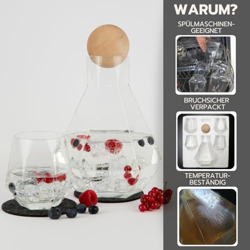EMVPE Premium Glaskaraffe mit Deckel, 5-teilig, Karaffe (1,3l) und 4 Gläser (250ml) im Set, edles Diamant-Design, spülmaschinengeeignet, für erfrischende Getränke, Bowle