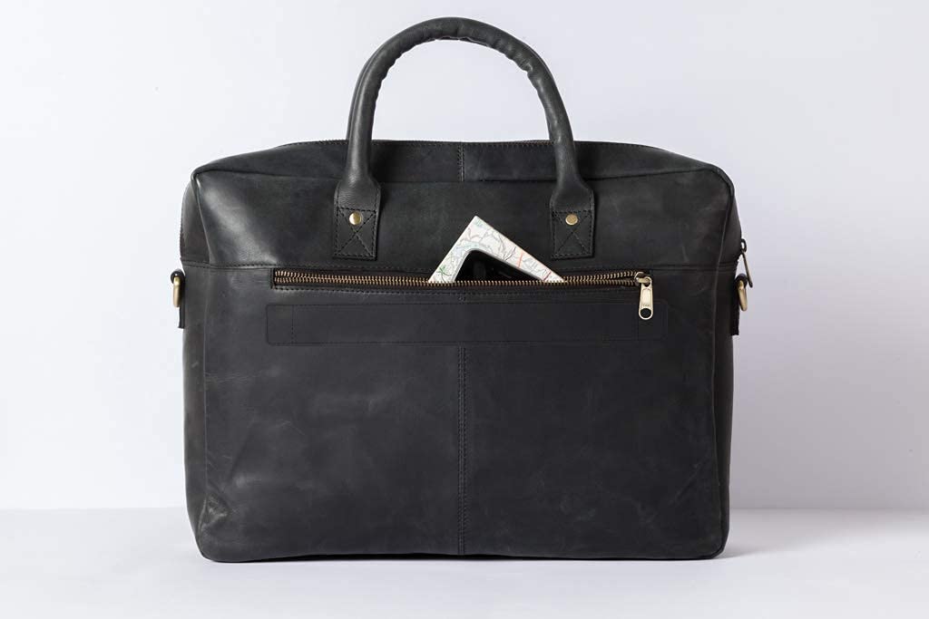 Holzrichter BERLIN Tragetasche No 1-1 (M) schwarz-anthrazit - Große Briefcase-Aktentasche & Laptoptasche handgefertigt aus Premium-Leder