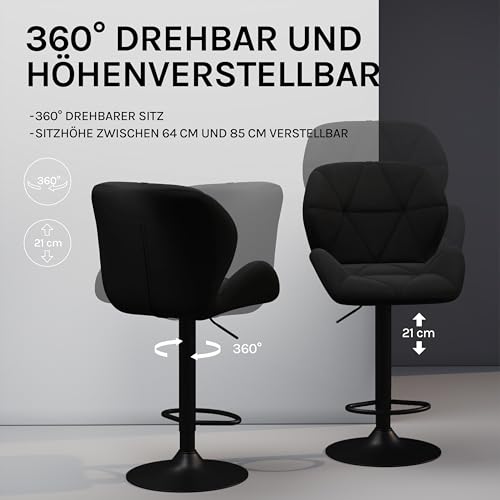 WOLTU® Barhocker BH139sz-2 2er Set Barstuhl Tresenhocker Bistrohocker Designer Hocker mit Rückenlehne, höhenverstellbar, drehbar, Samt Stahl, Schwarz