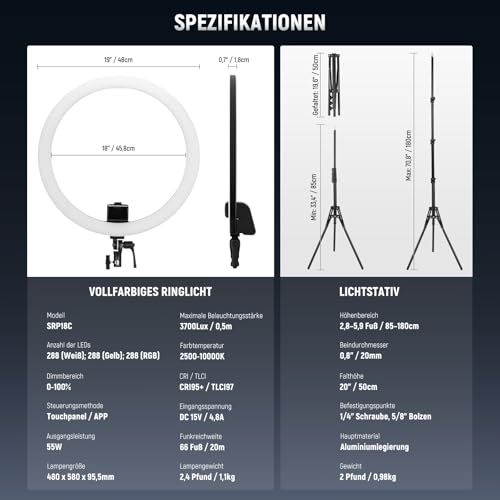 NEEWER SRP18C RGB LED Ringlicht Set ultraschlank App Steuerung mit umkehrbarem Licht Ständer, Telefonhalter, Kugelkopf, 2500K–10000K, CRI 95+/TLCI 97, 3700Lux/0,5m 18 Szenen für TikTok/Make up/Gaming