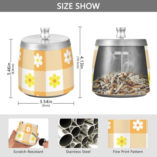 Orange Buffalo Plaid Schottenkaro Schottland Blume Edelstahl Outdoor Aschenbecher mit Deckel für Home Office Outdoor Balkon Einzigartiger rauchfreier Tisch Zigarette Aschenbecher für Zigarettenraucher
