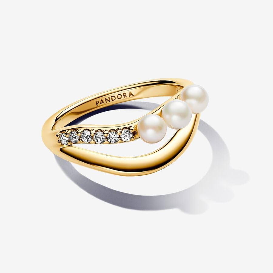 PANDORA Essence Behandelte Süßwasserzuchtperle & Organisch geformter Doppelband-Ring aus Sterling Silber mit vergoldeter Metalllegierung und Zirkonia, Größe: 54, 163258C01-54