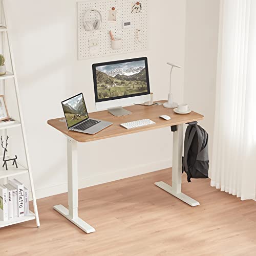 Amazon Basics Sitz-Steh-Schreibtisch, Elektrisch Höhenverstellbar, 120 x 60 cm, Buche mit Weißem Rahmen, Ergonomisch