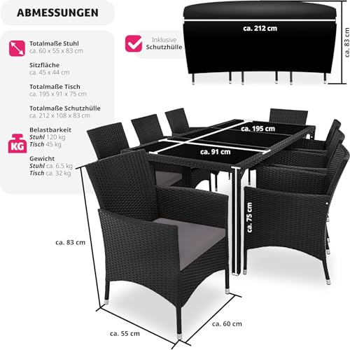 tectake® edles Outdoor Gartenmöbel Set Rattan Sitzgruppe mit Sessel und Tisch für 8 Personen, inkl. Schutzhülle und Polstern, Balkon Möbel wetterfest - schwarz/grau
