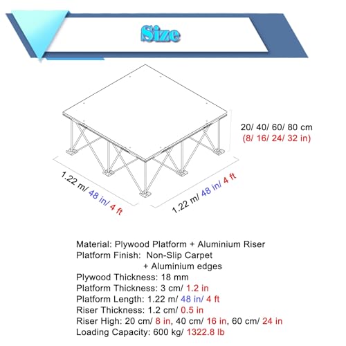 Tragbares Bühnenpodest tragbare Bühne Tragbares Bühnenpodest Für Veranstaltungsauftritte, 48 X 48 In Non-Slip Connectable Plattform Mit Hellgrauem Teppich, Einfache Montage Carry Drum Riser Plattform(