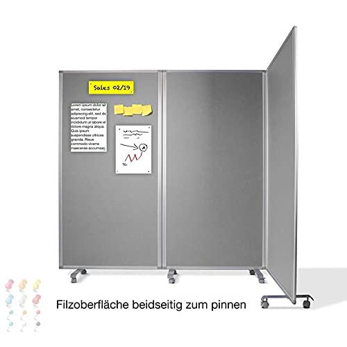 Floordirekt Filz Stellwand mobile Stellwandsystem 3-teilig - Filztafel Pinnwand mit Rollen - Trennwand Raumteiler - Präsentationswand Messewand - doppelseitig nutzbar (180 x 60 x 180 cm, Grau)