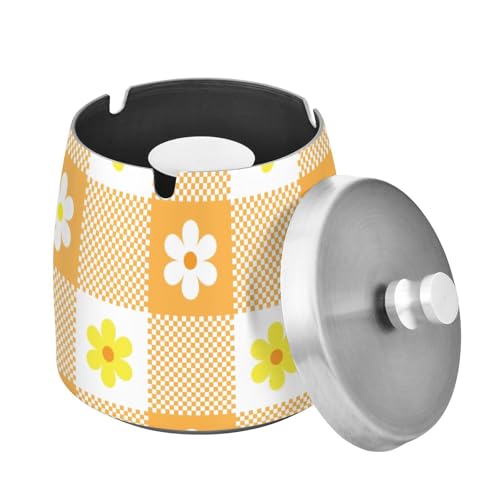 Orange Buffalo Plaid Schottenkaro Schottland Blume Edelstahl Outdoor Aschenbecher mit Deckel für Home Office Outdoor Balkon Einzigartiger rauchfreier Tisch Zigarette Aschenbecher für Zigarettenraucher