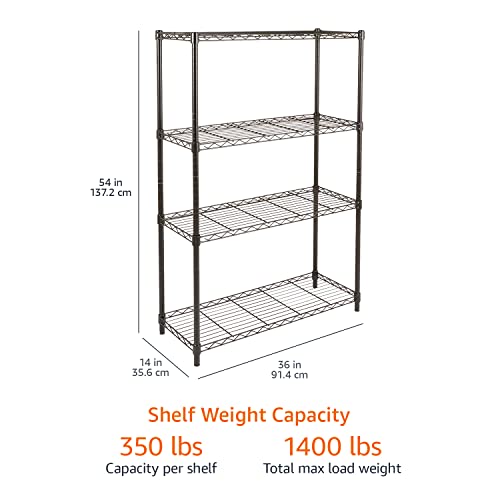 Amazon Basics – Aufbewahrungseinheit mit 4 Regalböden, höhenverstellbaren Einlegeböden und Nivellierfüßen, max. Gewicht 640 kg, Schwarz, 35.5 x 91.4 x 137.1 cm (T x B x H)