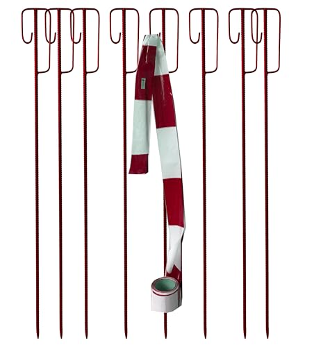 UvV Absperrleinenhalter Stahl Set Laterneneisen 1200 mm lang Ø14 mm mit UVV-Bügel und 1 Rolle (100m) Warnband/Absperrband (Rote Absperrung 8 Stück Set)