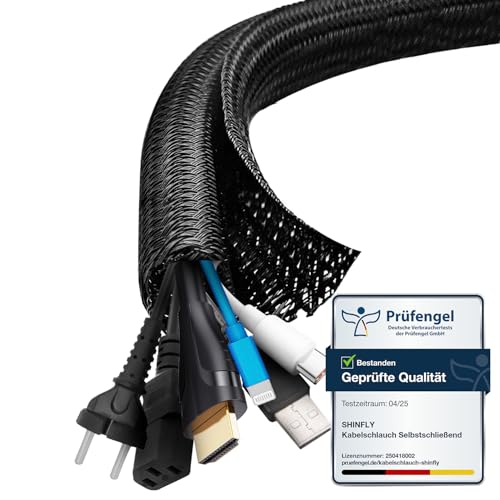 shinfly 13mm-3m Kabelschlauch Selbstschließend Schwarz, Kabelmanagement, Flexibler Kabelkanal für TV und Computer, Versteckten Kabelschutz und Kabelverwaltung