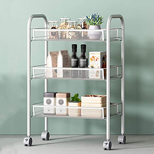 MHBGX Multifunktionaler Vorratswagen,Getränke-Food-Service-Tablettwagen 3-Stufiger Mobiler Karbonstahl Mit Bremse Universalrad, Kapazität 10 Kg Pro Schicht Küchen-Lagerwagen Mehrzweck-Handwagen,Silbe