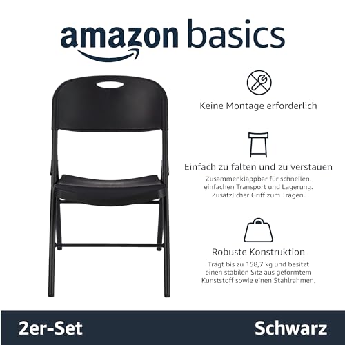 Amazon Basics Klappstuhl, zusammenklappbar, tragbar, stabil, Kunststoff, 159 kg Tragkraft, Schwarz, 2 Stück