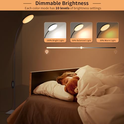 Mojimdo Stehlampe, [3 Farben & 10 Helligkeiten] Schlanke LED Leselampe Stehend, Dimmbar Einstellbare Flexible Stehleuchte für Kinderzimmer, Büro, Wohnzimmer, Ecke Nachttischlampe