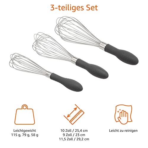 Amazon Basics SchneebesenSet aus Edelstahl, 3 Stück, Grau, Silber, Grau/Silber