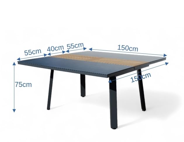 ALEOS. Gartengarnitur Gartenset Aluminium Teak Set mit quadratischem Ausziehtisch 150x110cm auf 150cm ausziehbar + 8 Stapelstühle anthrazit Trinidad