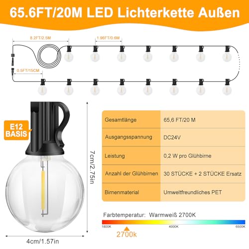 LED Lichterkette Außen Glühbirnen 20M - 65FT Outdoor Lichterkette Strom mit 30+2 G40 Glühbirne IP44 Wetterfest Dimmbare Aussen Lichterkette warmweiß für Garten Terrasse Balkon Hochzeiten Party