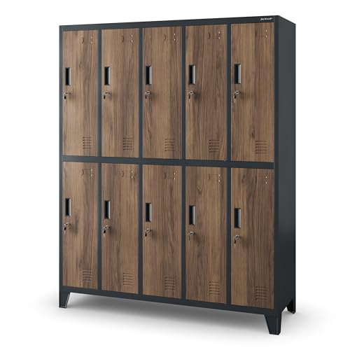 Jan Nowak Umkleideschrank 5B2A Spind Spint Schließfachschrank Metallschrank mit 10 Fächern Etikettenhalter Lüftungsschlitze Metall Pulverbeschichtet 172 x 136 x 45 cm (H x B x T) (Anthrazit-Holzoptik)