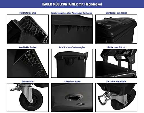 Bauer Müllcontainer mit 4 Rädern mit Flachdeckel, Müllgroßbehälter, Abfalltonne, Mülltonne, Volumen: 770 Liter, Farbe: Braun, Größe: 1 365 x 1 370 x 778 mm