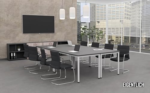 Eigentlich Konferenztisch 140x80 cm mit Buche-Kabeldurchlass Ø60 mm Schwarz, Lichtgraues Gestell und Melaminharzplatte